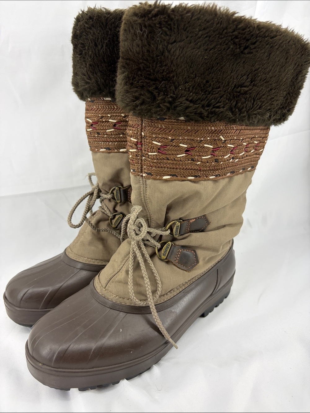 Sorel Winter Brown Duck Boots w/ Faux Fur Cuffs & Embroidered Trim, Womens 9